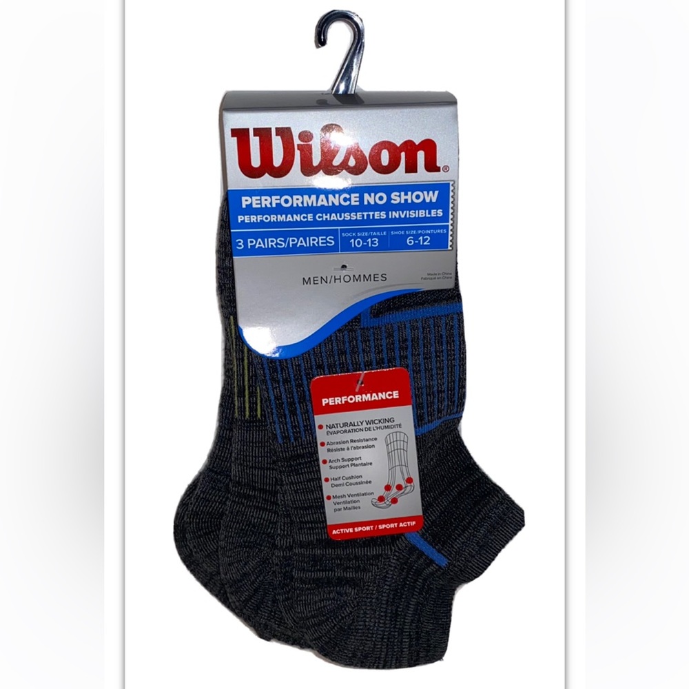 Wilson Performance No Show Socks 3 Pair Men 6-12 Gray w Multicolor Toe Logo NEW!